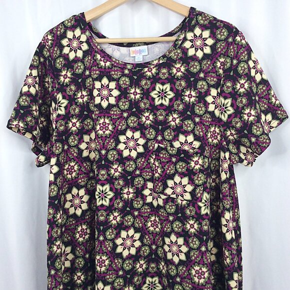 Lularoe Carly Dress Women's Size XL Black Purple Floral Short Sleeve Hi Low - Picture 3 of 6